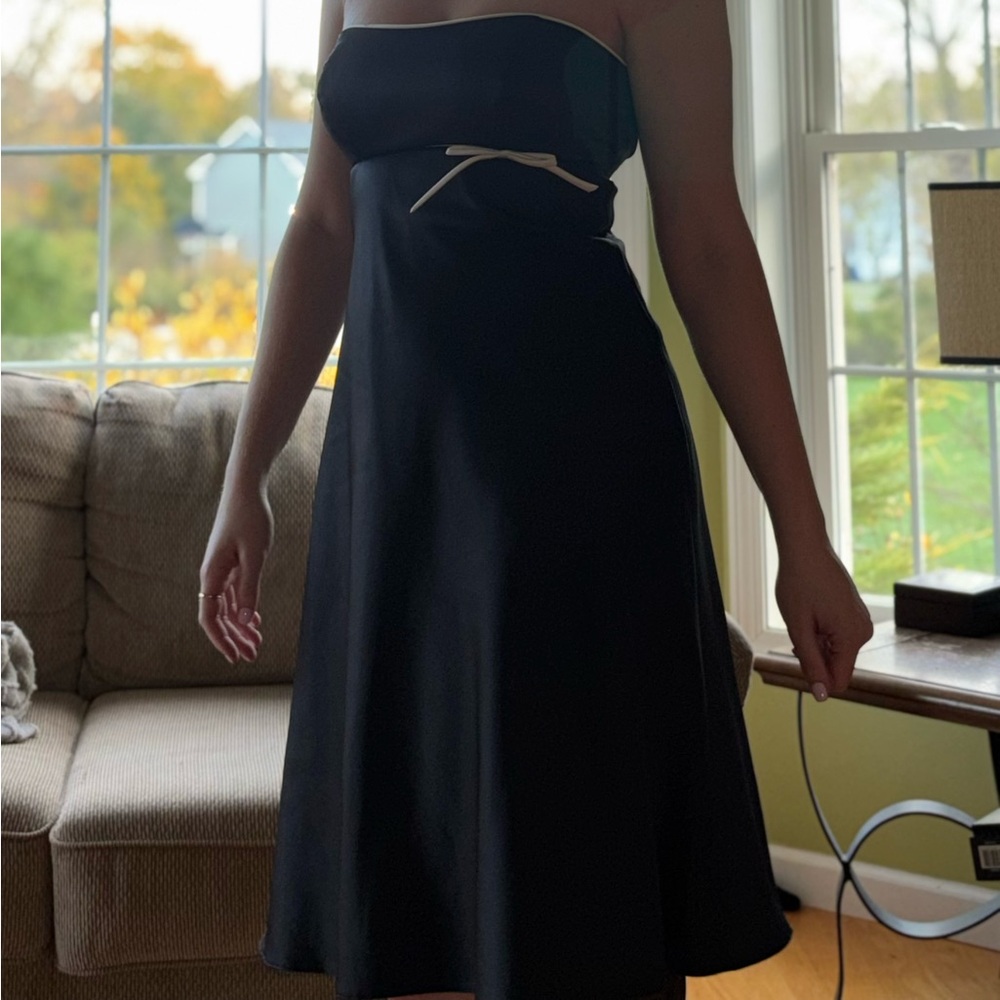 Alfred Angelo Elegant Black Midi Dress with White Trim and Bow